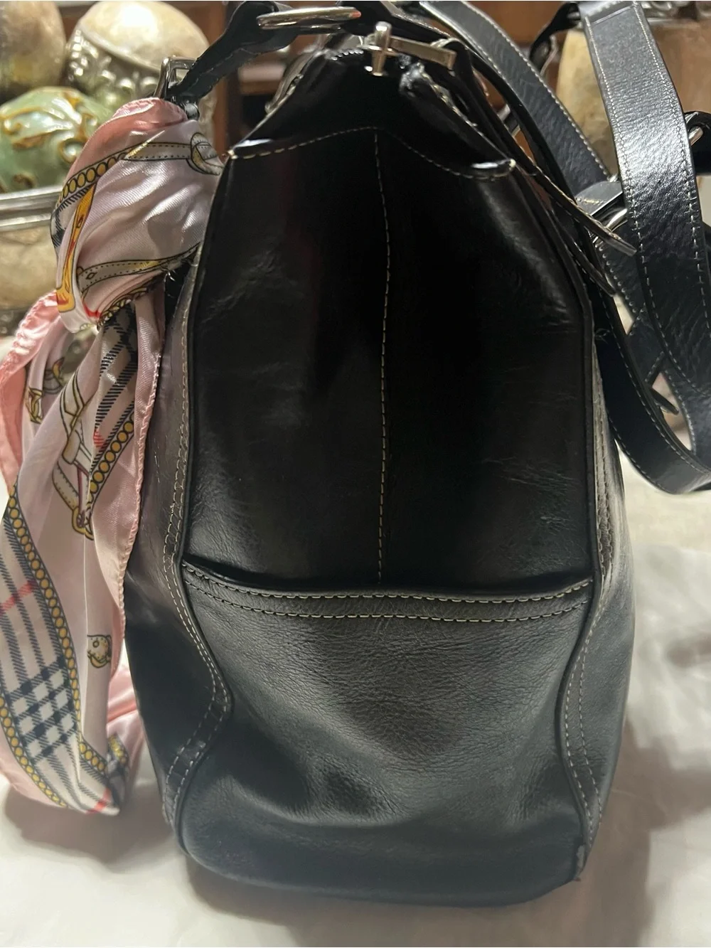 Fossil Black Leather Purse/ Briefcase with Magenta Lining